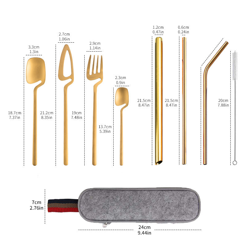 Set Posate Set di stoviglie portatili da campeggio con paglia combinata in acciaio inossidabile, forchetta e cucchiaio