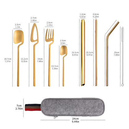 Set Posate Stainless Steel Straw Combination Knife, Fork And Spoon Outdoor Travel Camping Portable Tableware Set