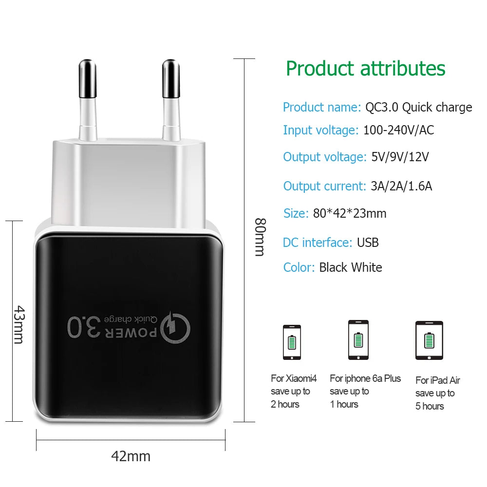 Caricatore USB QC3.0 Caricatore per telefono cellulare con adattatore rapido da 18 W per ricarica rapida 3.0 